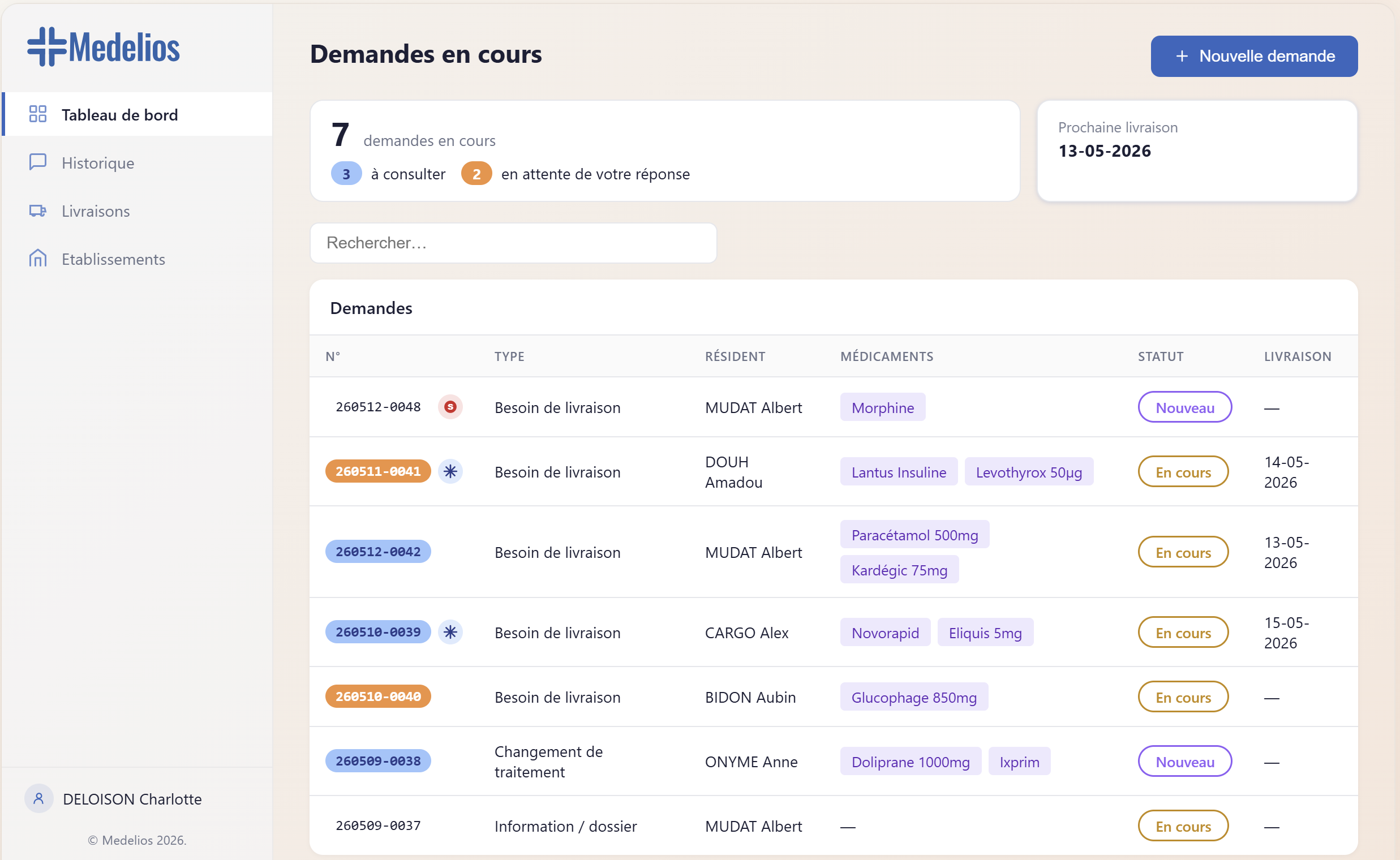 Capture de l'application Medelios, tableau de bord des demandes en cours côté établissement